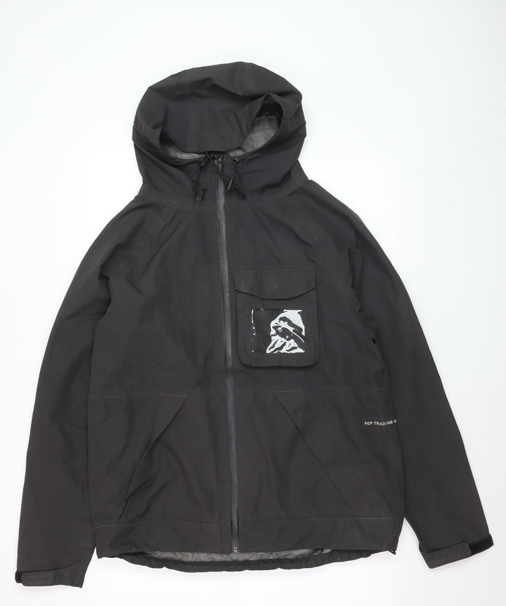 Pop Trading Company Men's Black Hooded Windbreaker Jacket Size M