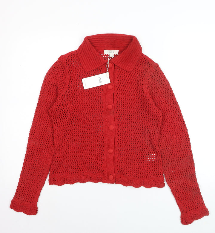 Marks and Spencer Women Red Collared Open-Knit Cardigan Size S