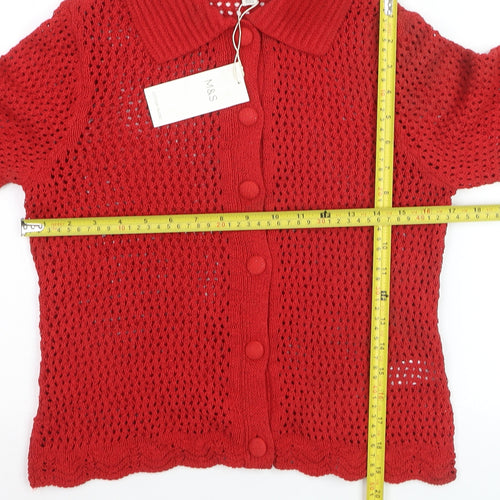 Marks and Spencer Women Red Collared Open-Knit Cardigan Size S