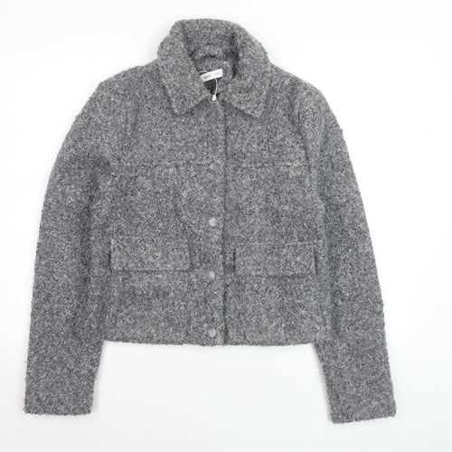 Mango Women’s Grey Short Button-Up Jacket Size M Wool-Effect Classic Style