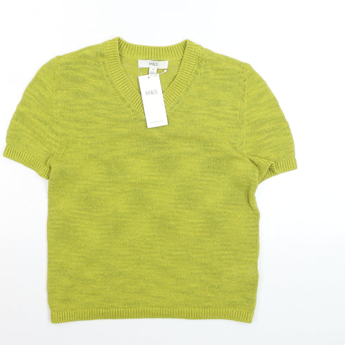 Marks and Spencer Women’s Green V-Neck Cotton Blend Short Sleeve Jumper XS