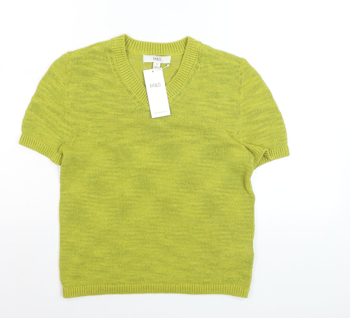 Marks and Spencer Women’s Green V-Neck Cotton Blend Short Sleeve Jumper XS