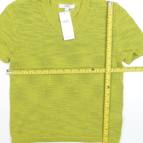 Marks and Spencer Women’s Green V-Neck Cotton Blend Short Sleeve Jumper XS