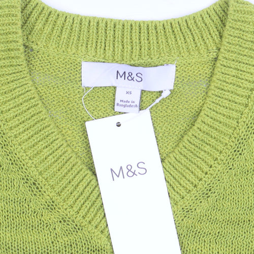 Marks and Spencer Women’s Green V-Neck Cotton Blend Short Sleeve Jumper XS