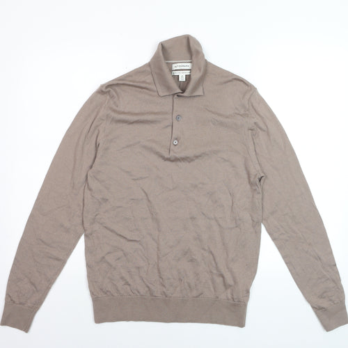 Marks and Spencer Men Beige Merino Wool Collared Henley Jumper M