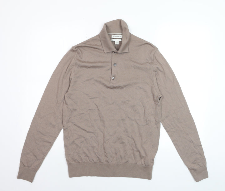 Marks and Spencer Men Beige Merino Wool Collared Henley Jumper M