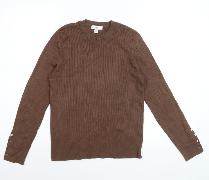 Marks and Spencer Women Brown Size 14 Ribbed Crew Neck Jumper