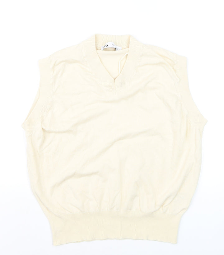 Zara Women's Ivory Knit Sleeveless V-Neck Vest Jumper Size M