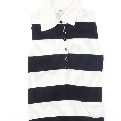 Marks and Spencer Womens Black Stripe Sleeveless Henley Jumper Size 10