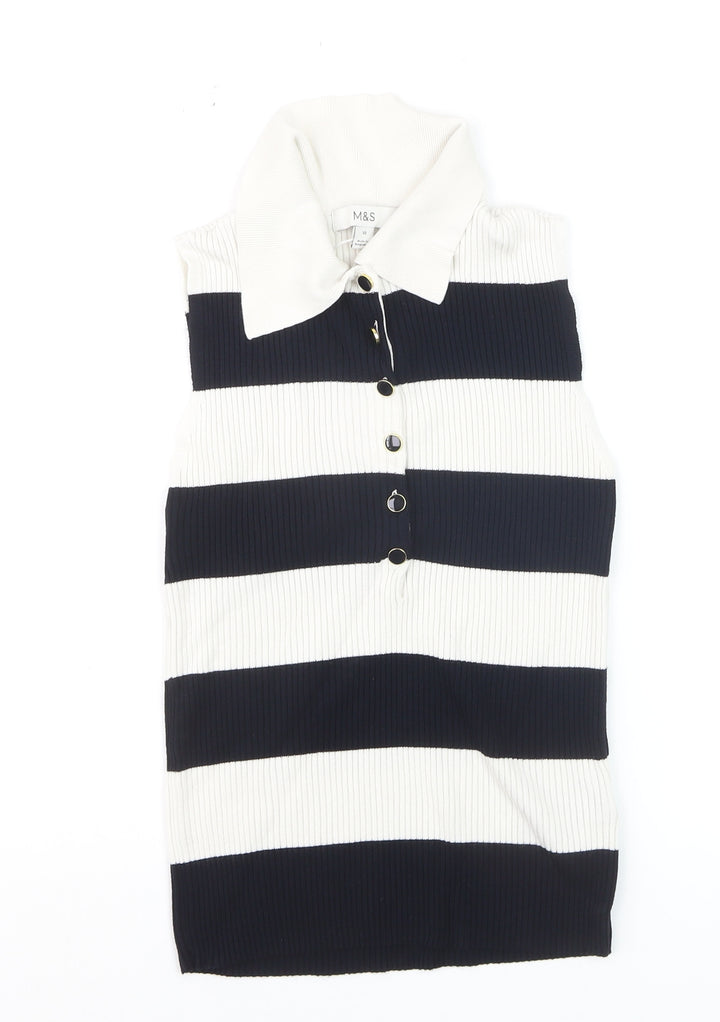 Marks and Spencer Womens Black Stripe Sleeveless Henley Jumper Size 10
