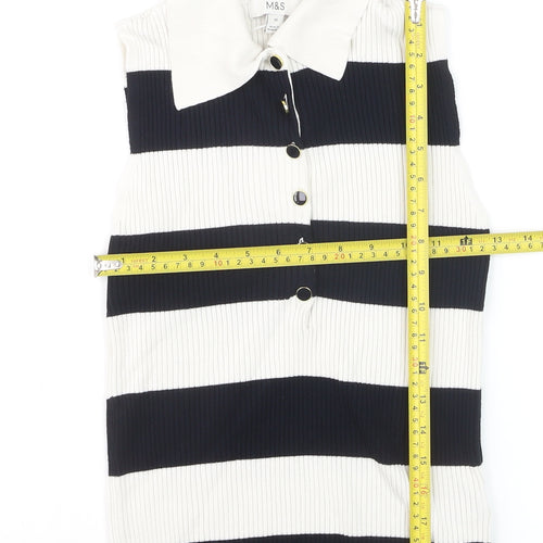 Marks and Spencer Womens Black Stripe Sleeveless Henley Jumper Size 10