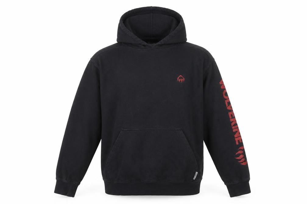 Front view of Wolverine Men's Black Logo Pullover Hoodie, size L, Fleece