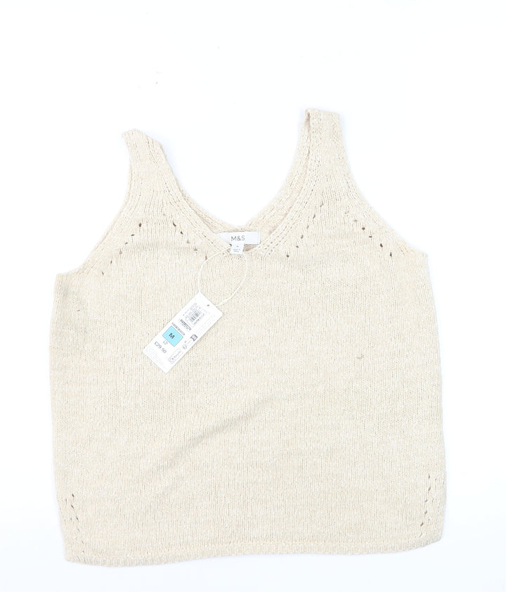 Marks and Spencer Women Beige Knit V-Neck Sleeveless Vest M