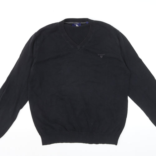 GANT Men's Black Cotton V-Neck Jumper Size L Classic Knitwear