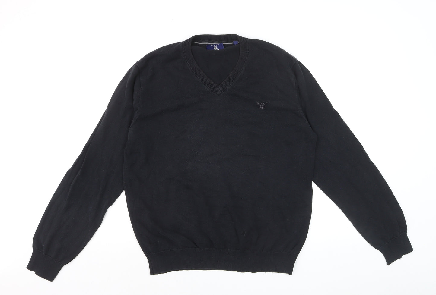 GANT Men's Black Cotton V-Neck Jumper Size L Classic Knitwear