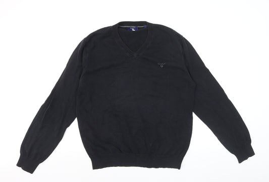 GANT Men's Black Cotton V-Neck Jumper Size L Classic Knitwear