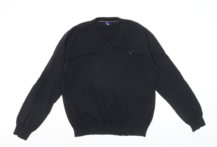 GANT Men's Black Cotton V-Neck Jumper Size L Classic Knitwear