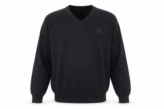 Front view of GANT Men's Black Cotton V-Neck Jumper, size L, Classic Knitwear