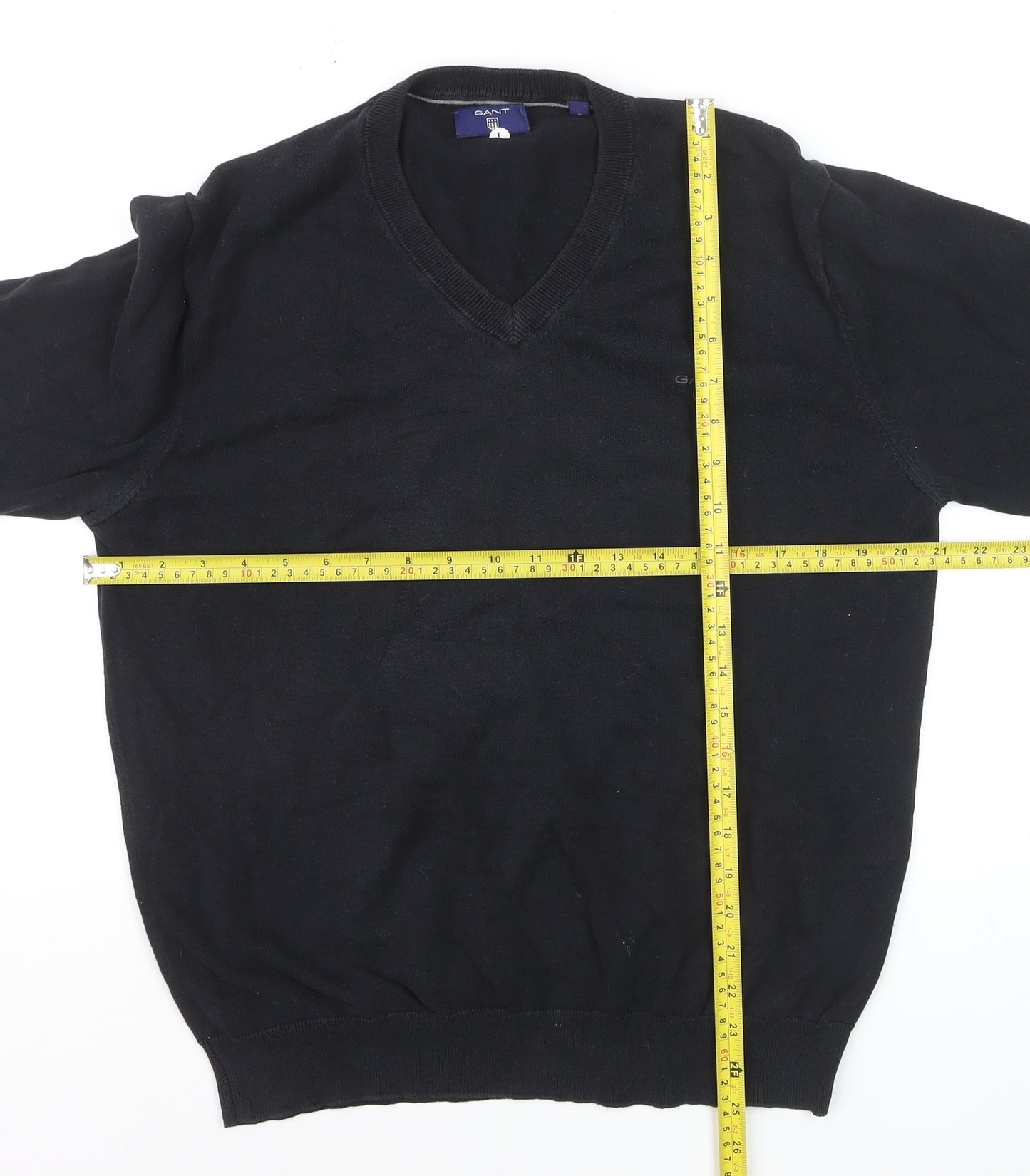 GANT Men's Black Cotton V-Neck Jumper Size L Classic Knitwear