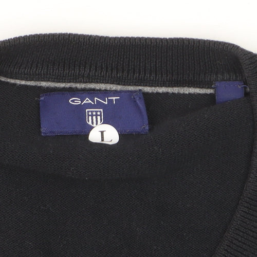 GANT Men's Black Cotton V-Neck Jumper Size L Classic Knitwear
