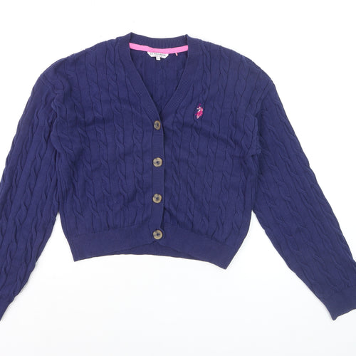 U.S. Polo Assn Girls Navy Blue Cable Knit Cardigan 14-15 Years Button Wool Blend