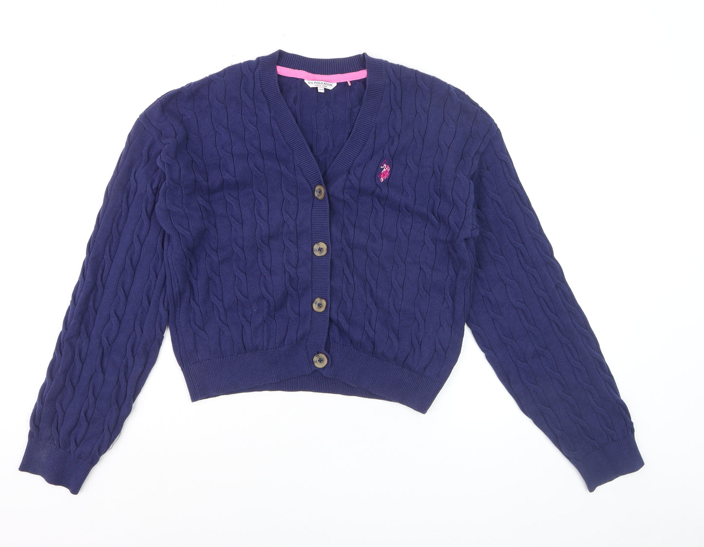 U.S. Polo Assn Girls Navy Blue Cable Knit Cardigan 14-15 Years Button Wool Blend