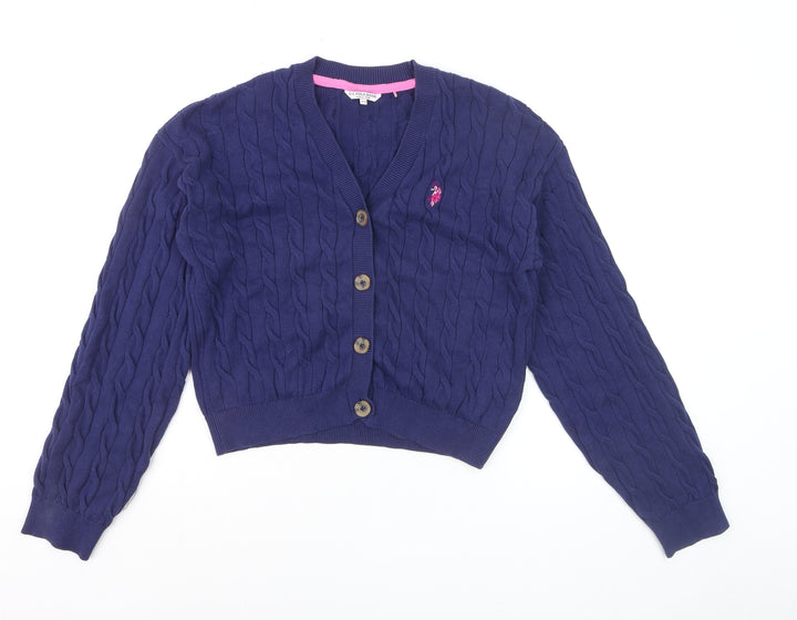 U.S. Polo Assn Girls Navy Blue Cable Knit Cardigan 14-15 Years Button Wool Blend