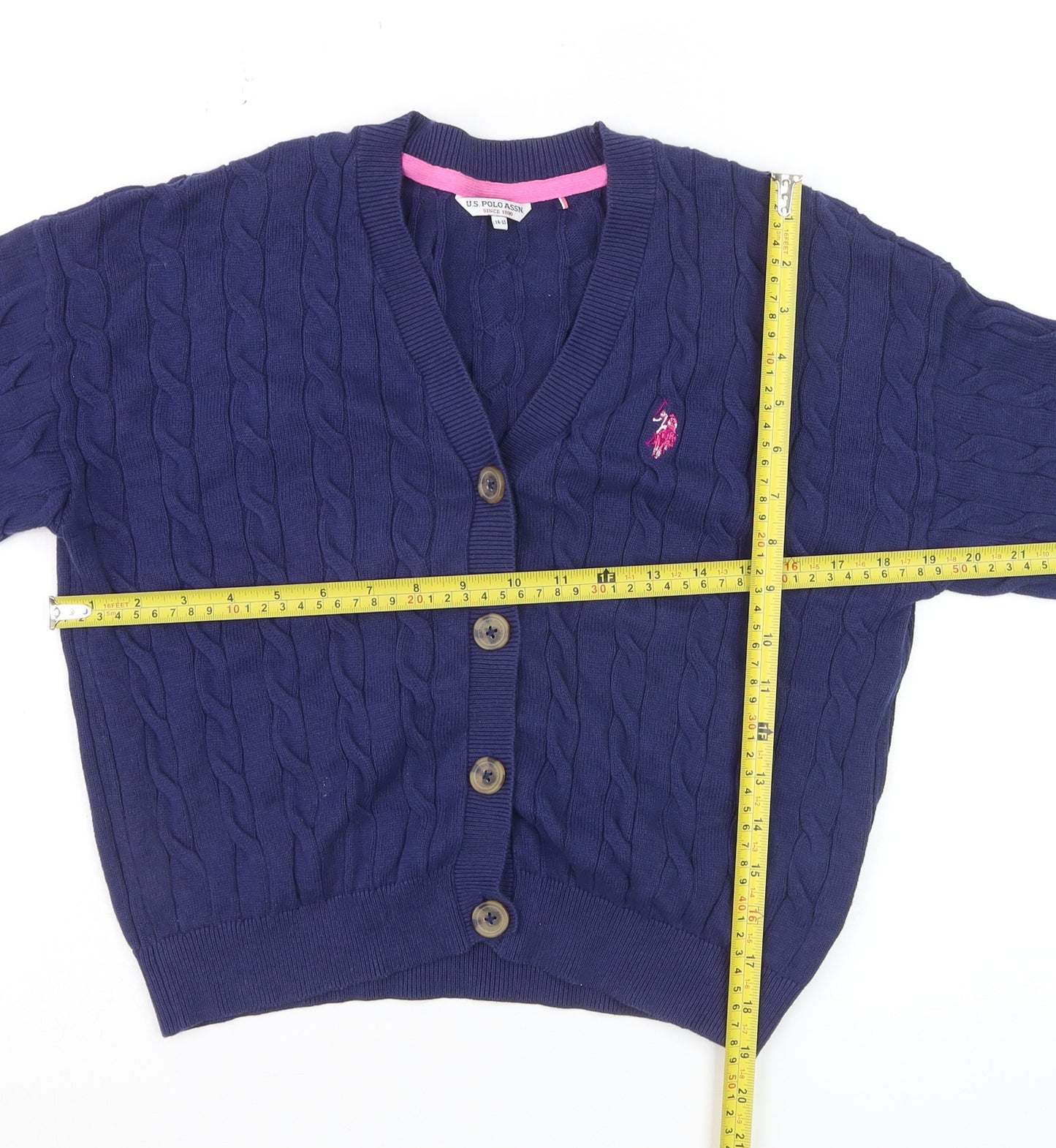 U.S. Polo Assn Girls Navy Blue Cable Knit Cardigan 14-15 Years Button Wool Blend
