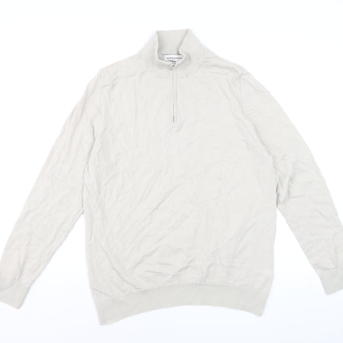 Marks and Spencer Men Beige Merino Wool 1/4 Zip Jumper L Regular
