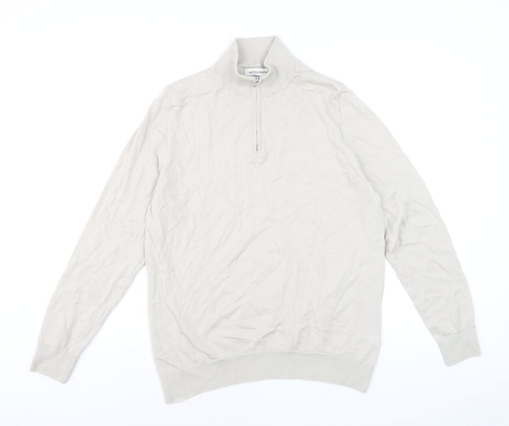Marks and Spencer Men Beige Merino Wool 1/4 Zip Jumper L Regular