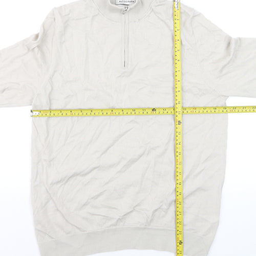 Marks and Spencer Men Beige Merino Wool 1/4 Zip Jumper L Regular