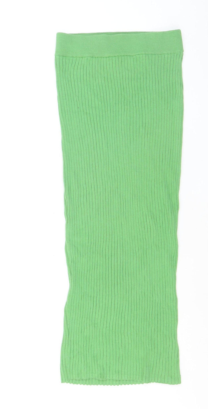 Glamorous Care Women’s Green Ribbed Cotton Knit Midi Skirt Size 10