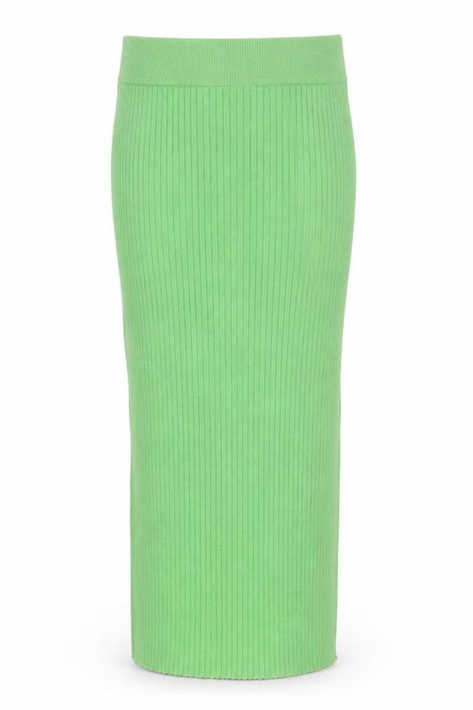 Front view of Glamorous Care Women’s Green Ribbed Cotton Knit Midi Skirt, size UK 10