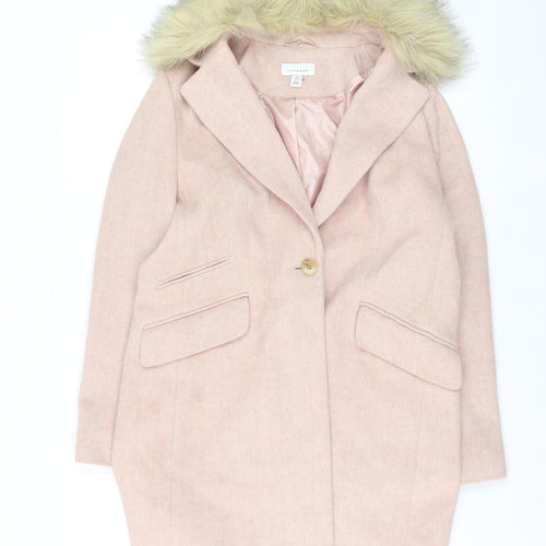 Topshop Women Pink Faux Fur Hooded Mid-Length Wool Blend Coat Size 12
