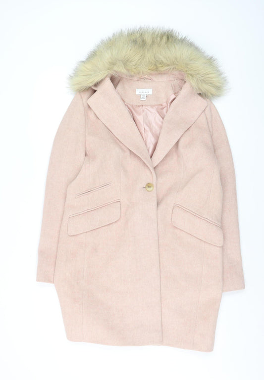 Topshop Women Pink Faux Fur Hooded Mid-Length Wool Blend Coat Size 12