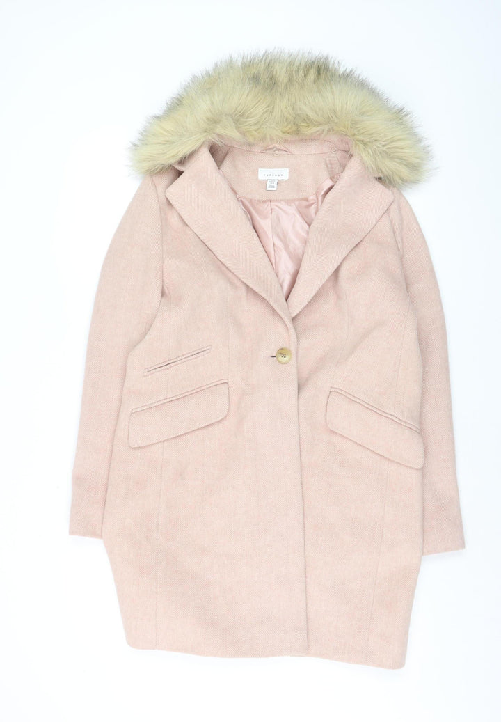 Topshop Women Pink Faux Fur Hooded Mid-Length Wool Blend Coat Size 12