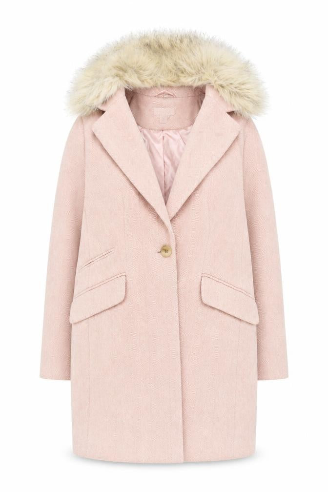 Topshop Women Pink Faux Fur Hooded Mid-Length Wool Blend Coat Size 12