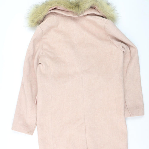 Topshop Women Pink Faux Fur Hooded Mid-Length Wool Blend Coat Size 12