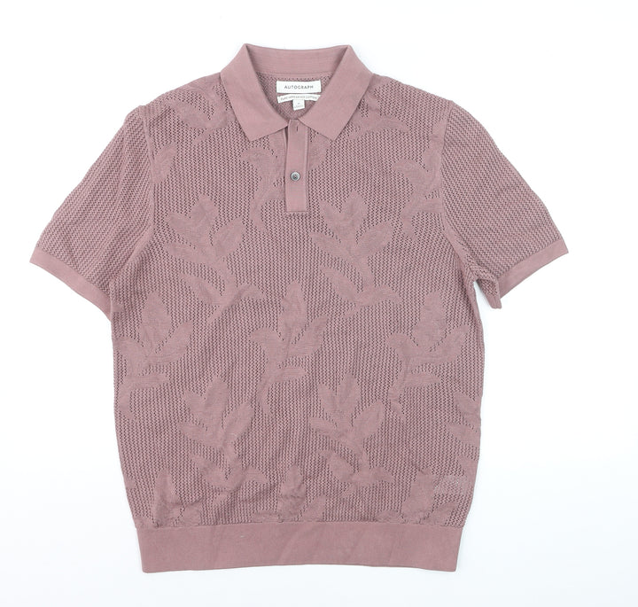 Marks and Spencer Men’s Pink Knit Cotton Collared Short Sleeve Jumper M