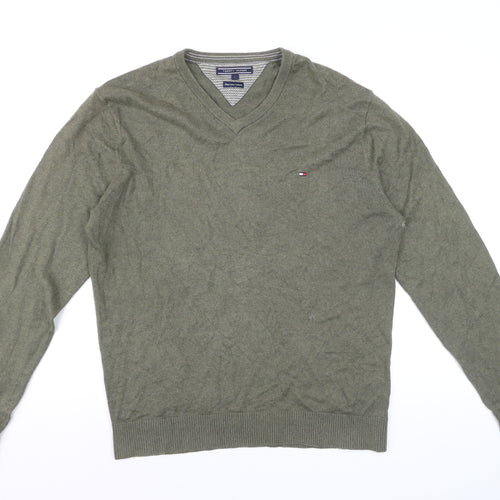 Tommy Hilfiger Men’s Green V-Neck Cotton Cashmere Jumper L