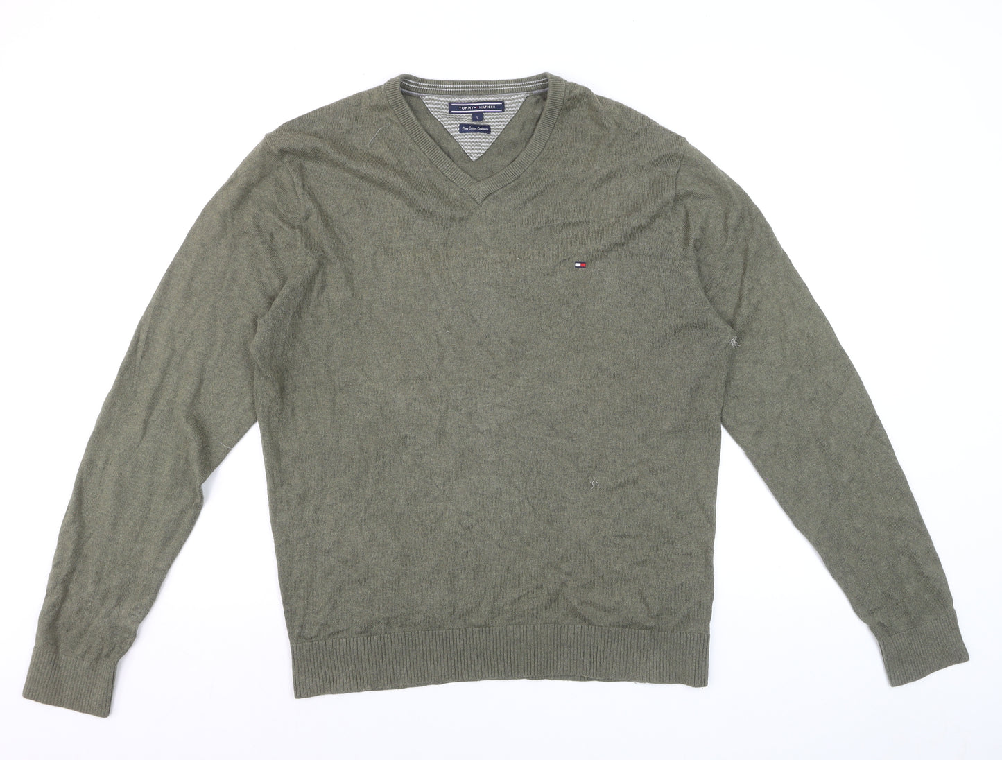 Tommy Hilfiger Men’s Green V-Neck Cotton Cashmere Jumper L