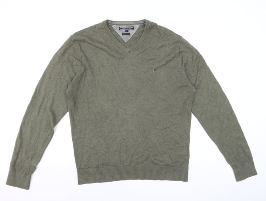 Tommy Hilfiger Men’s Green V-Neck Cotton Cashmere Jumper L