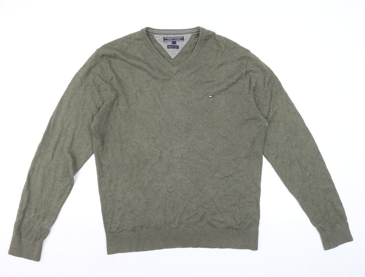 Tommy Hilfiger Men’s Green V-Neck Cotton Cashmere Jumper L