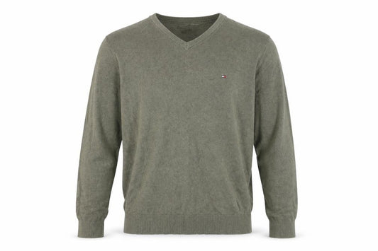 Front view of Tommy Hilfiger Men’s Green V-Neck Cotton Cashmere Jumper L