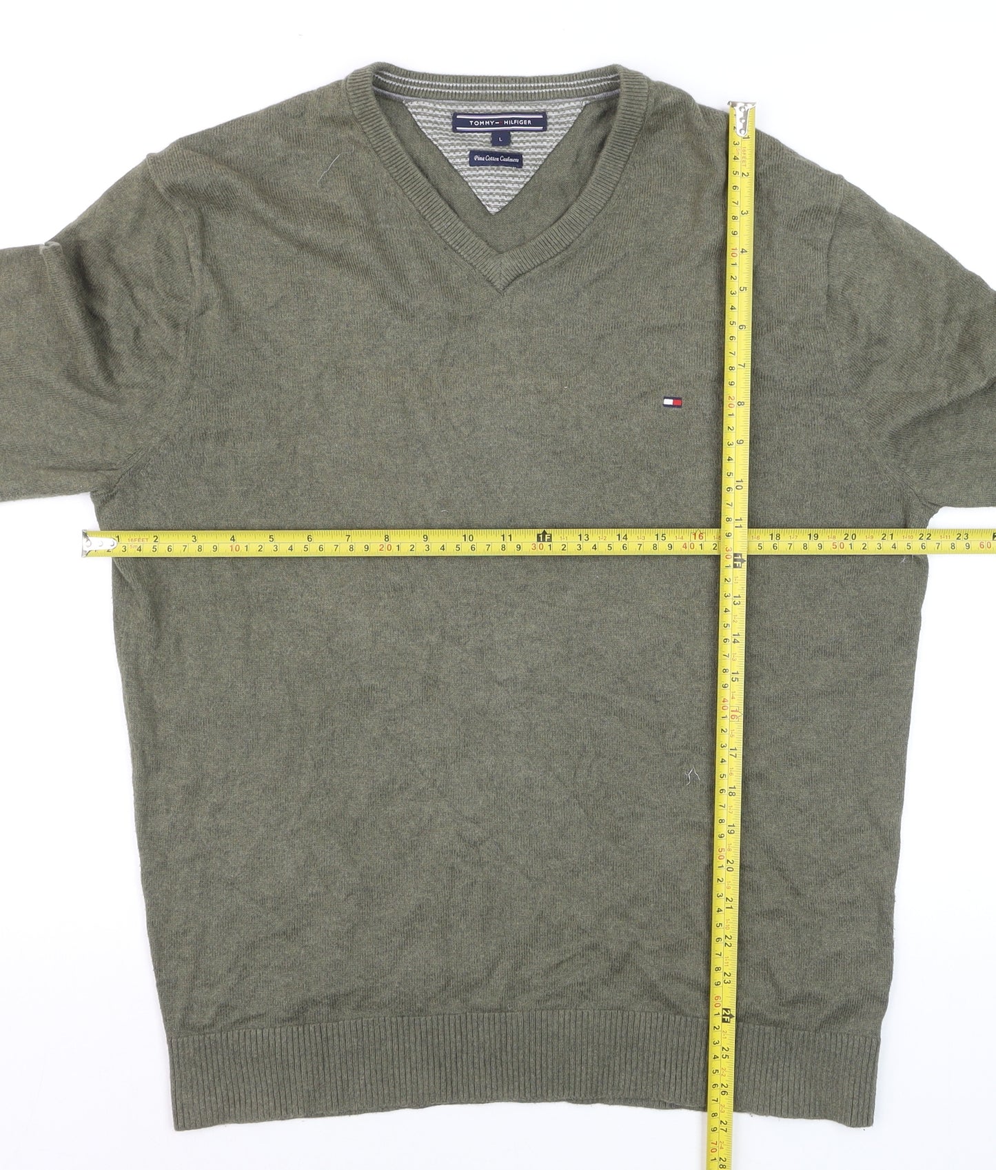 Tommy Hilfiger Men’s Green V-Neck Cotton Cashmere Jumper L