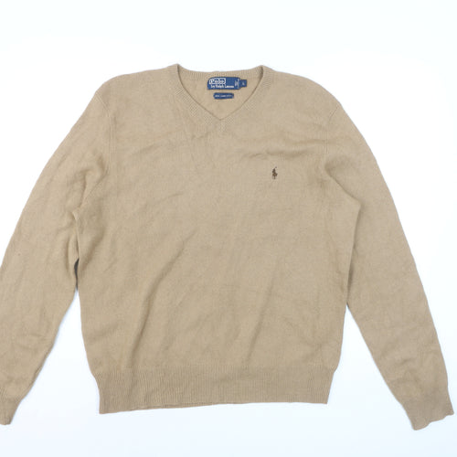 Ralph Lauren Men’s Beige Lambswool V-Neck Jumper Size L Classic Knit