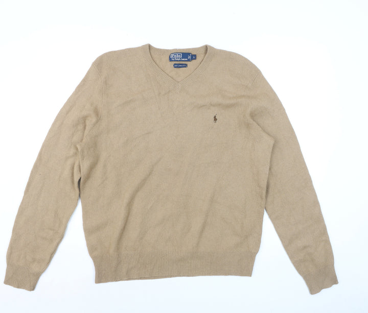 Ralph Lauren Men’s Beige Lambswool V-Neck Jumper Size L Classic Knit