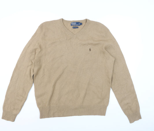 Ralph Lauren Men’s Beige Lambswool V-Neck Jumper Size L Classic Knit