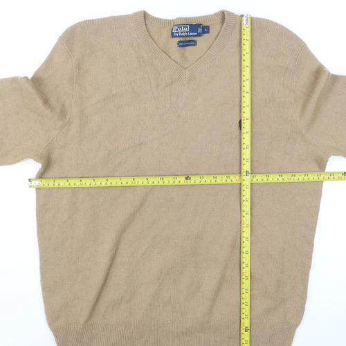 Ralph Lauren Men’s Beige Lambswool V-Neck Jumper Size L Classic Knit