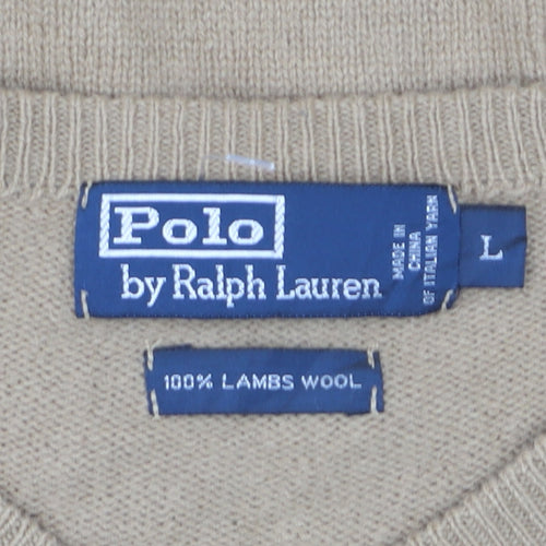 Ralph Lauren Men’s Beige Lambswool V-Neck Jumper Size L Classic Knit